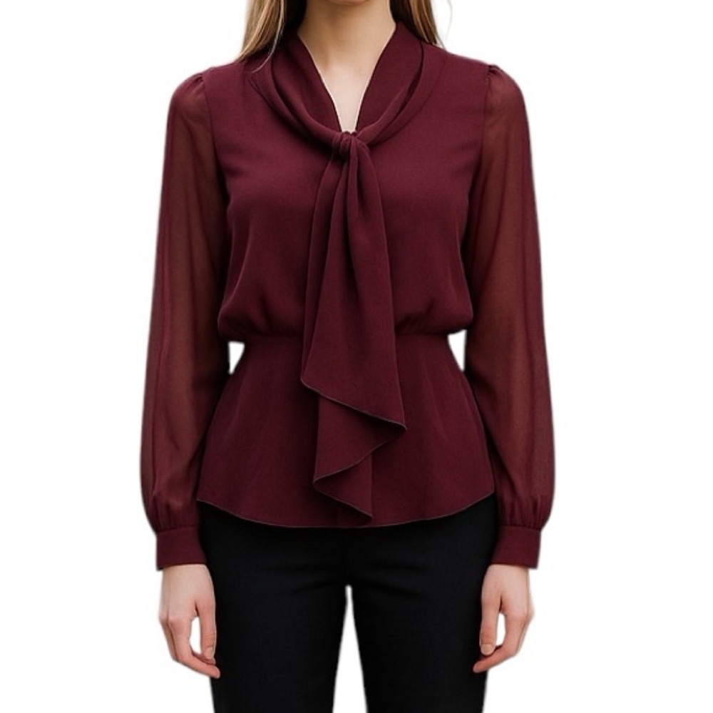 ✨ Venus Sheer Long Sleeve Tie Neck Blouse - Size S ✨